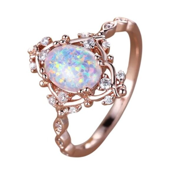 White Egg Shape Opal Rings Ethiopian Fire Opal Engagement Ring 14K Gold plated - Picture 2 of 5